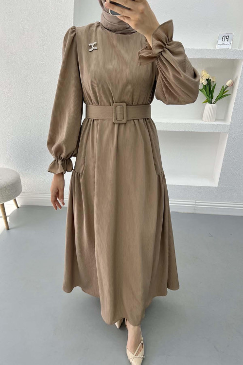 Pleated Detailed Brooch Dress Mink