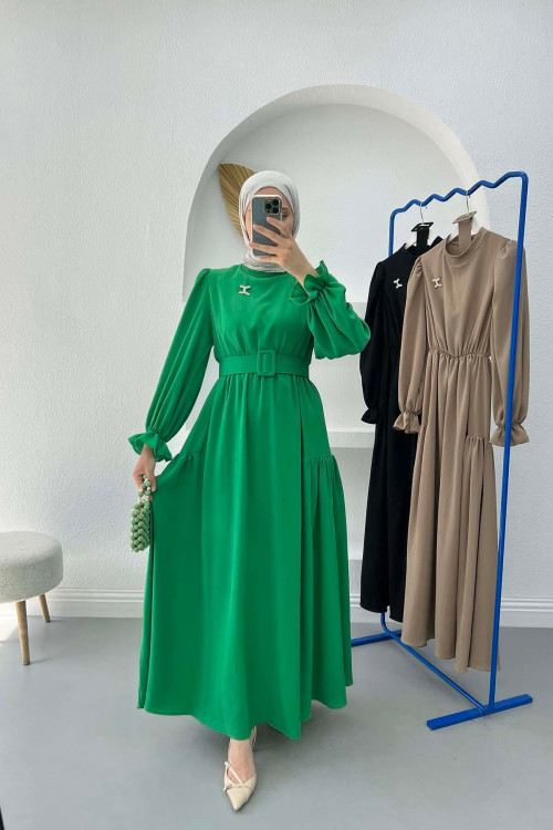 Pleated Detailed Brooch Dress Green