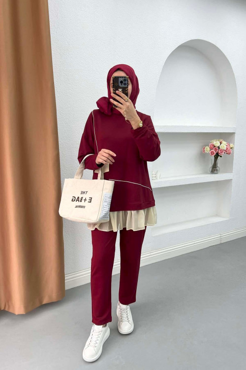 Pleated Detailed Pocket Knitwear Suit Claret Red