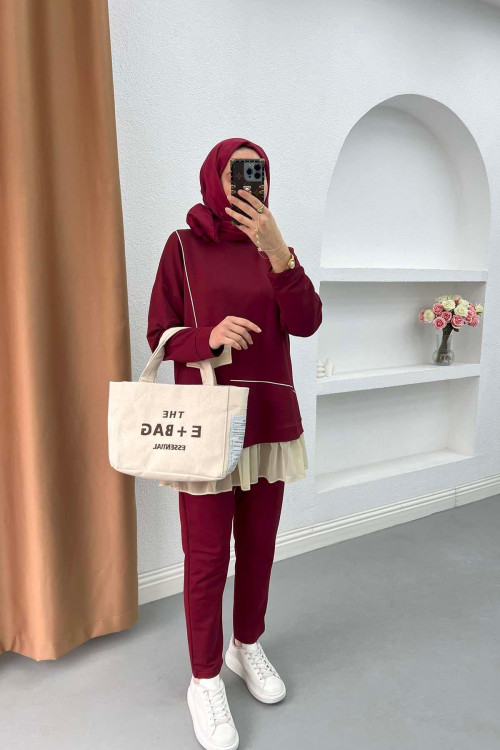 Pleated Detailed Pocket Knitwear Suit Claret Red