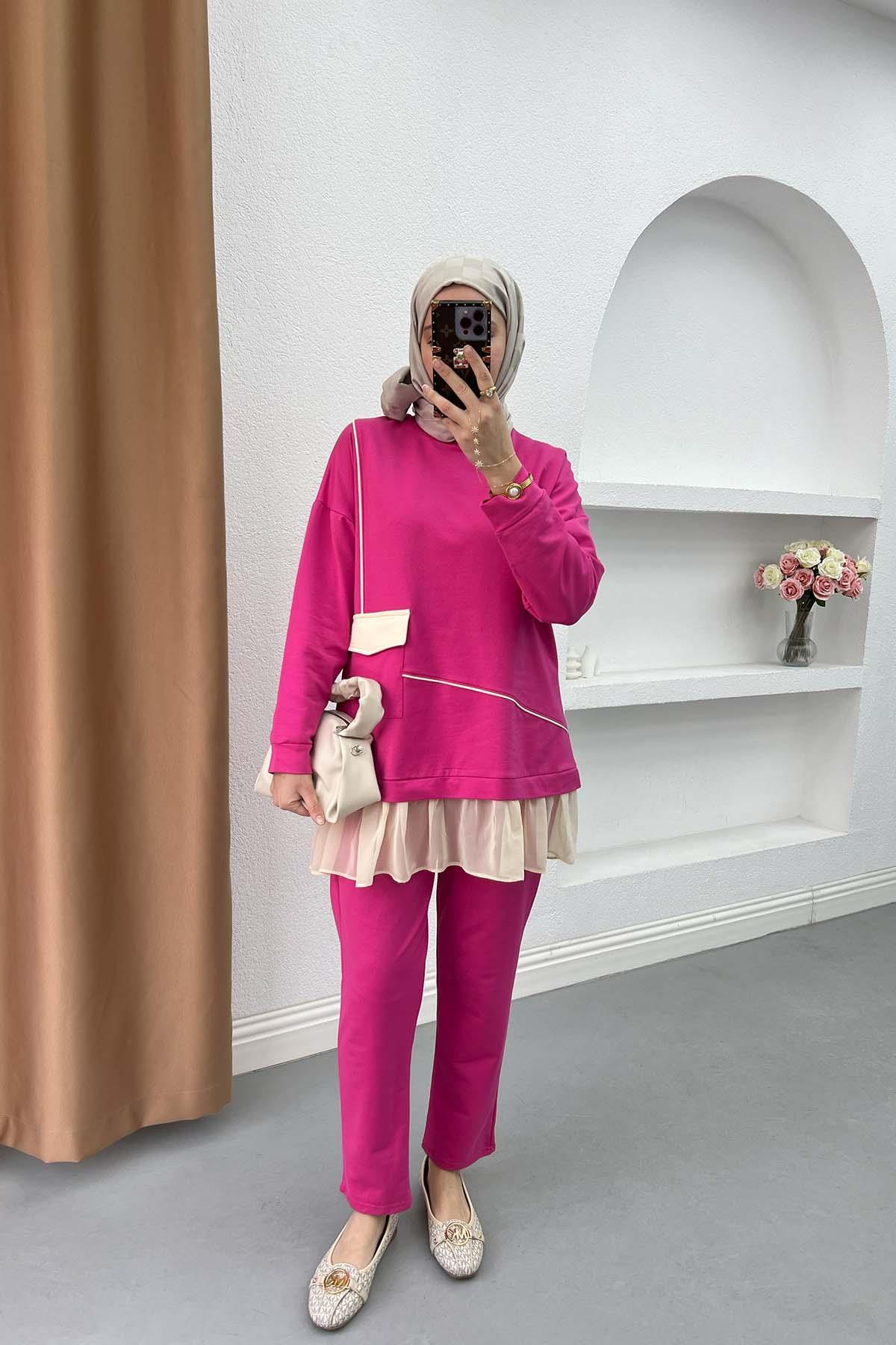 Pleated Detailed Pocket Knitwear Set Pink