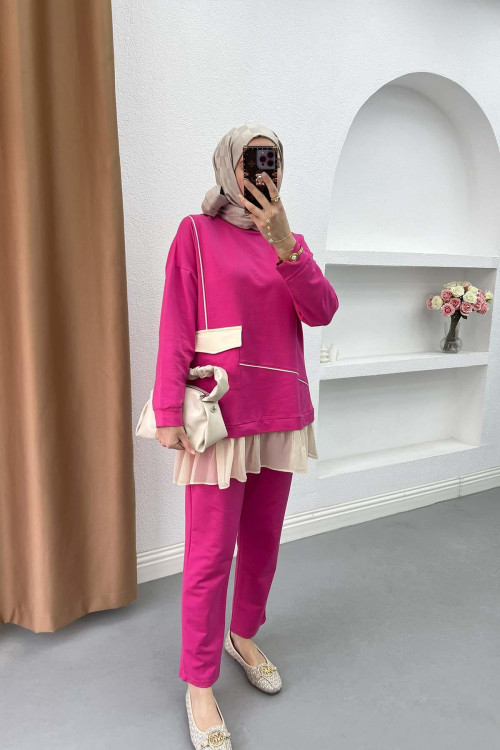 Pleated Detailed Pocket Knitwear Set Pink