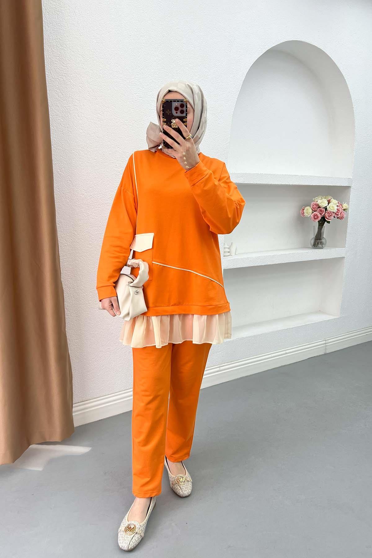 Pleated Detailed Pocket Knitwear Set Orange