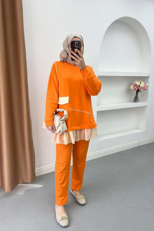 Pleated Detailed Pocket Knitwear Set Orange