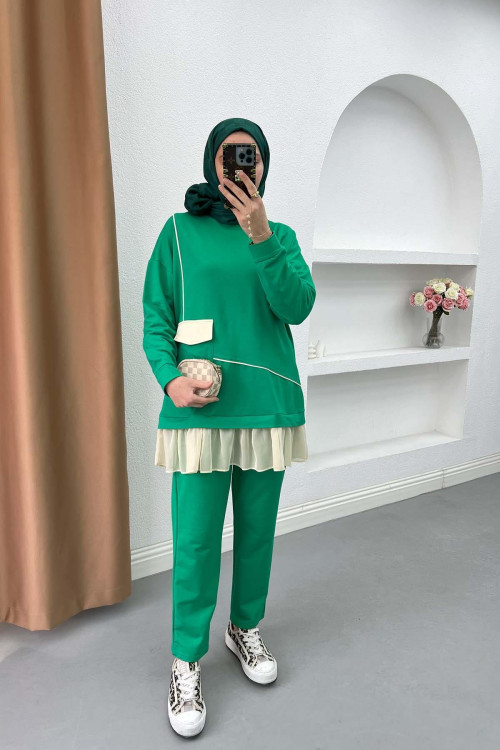 Pleated Detailed Pocket Knitwear Set Green