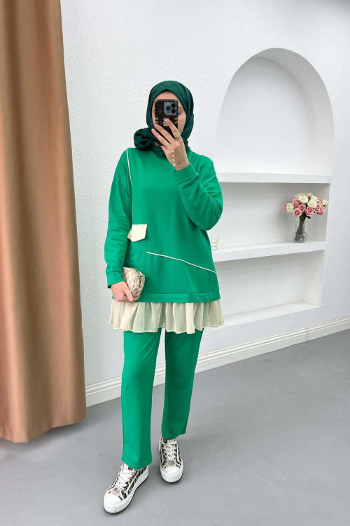 Pleated Detailed Pocket Knitwear Set Green