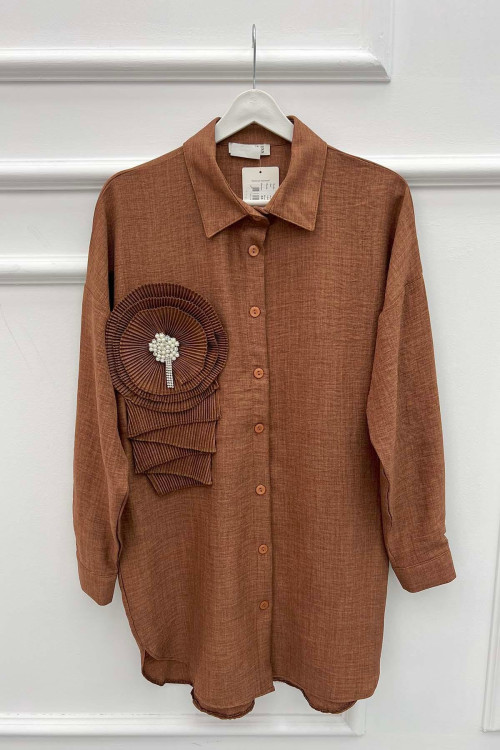 Pleated and Stone Detailed Tunic Brown