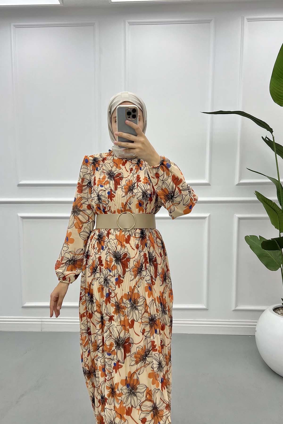 Pleated Floral Chiffon Dress Orange