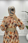 Pleated Floral Chiffon Dress Orange