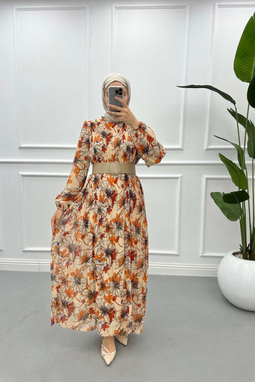 Pleated Floral Chiffon Dress Orange