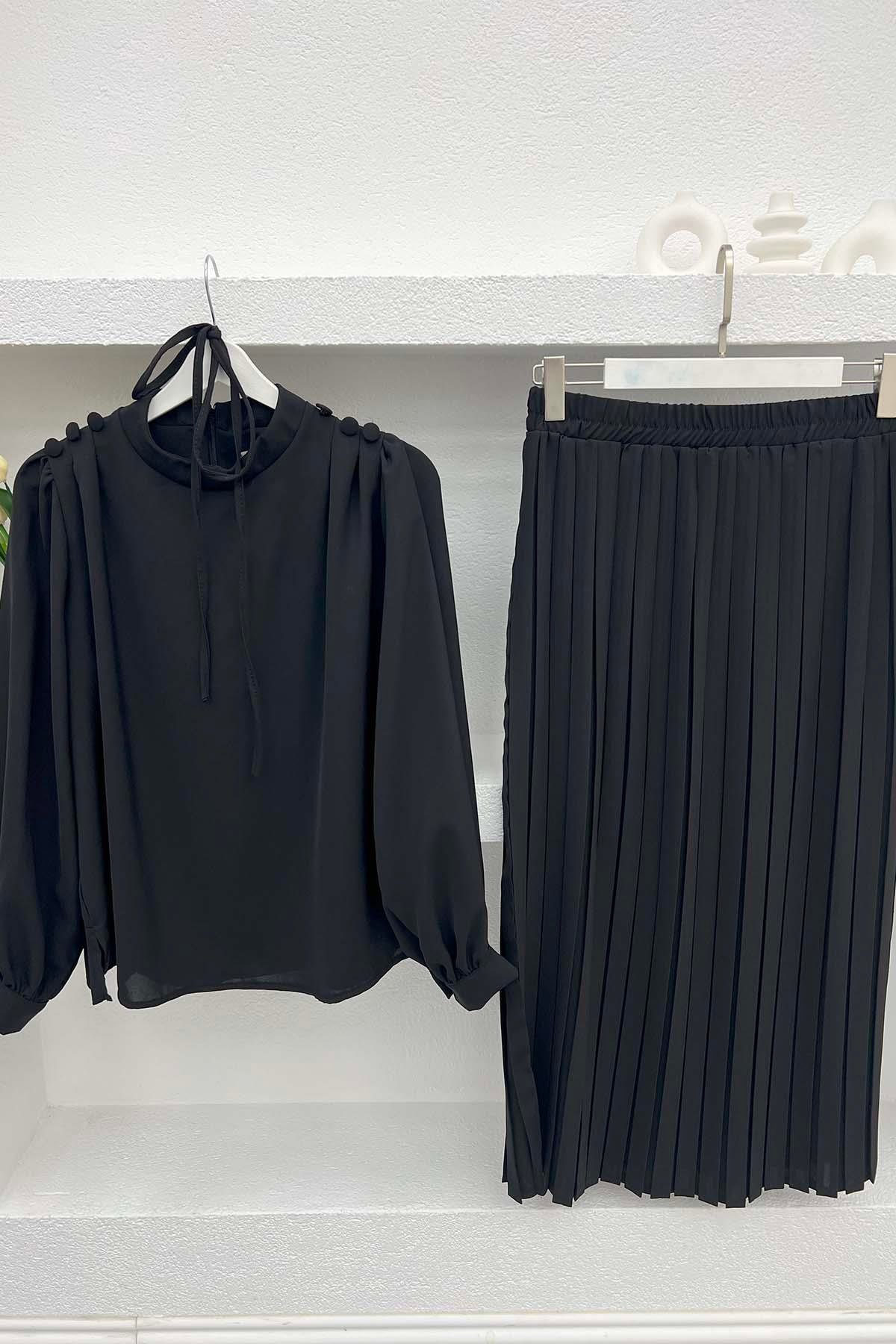 Pleated Skirt Set Black