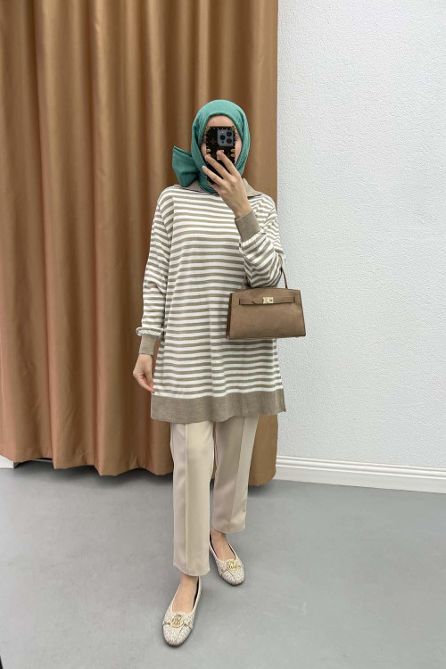 Polo Collar Striped Tunic Beige