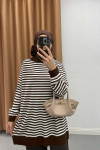 Polo Collar Striped Tunic Brown