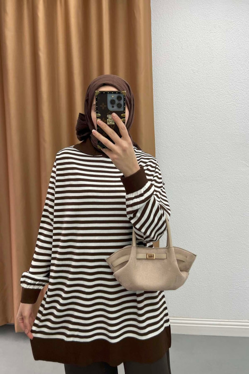 Polo Collar Striped Tunic Brown