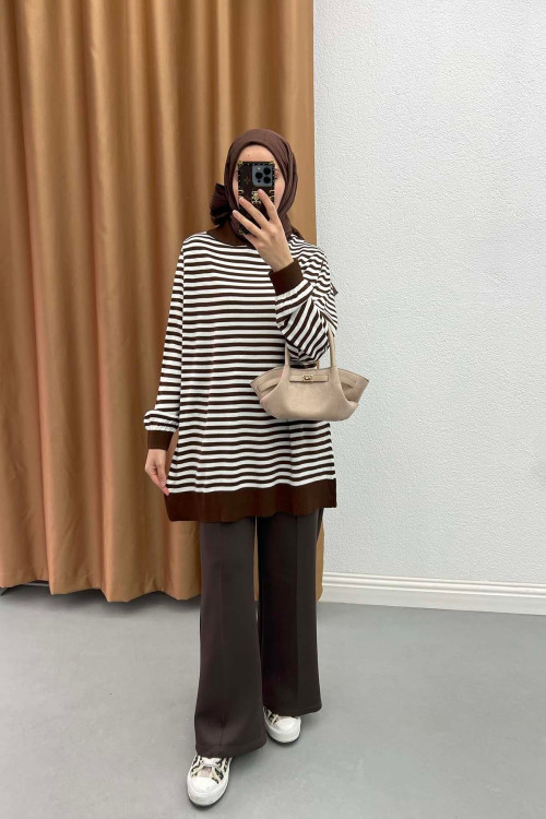 Polo Collar Striped Tunic Brown