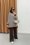 Polo Collar Striped Tunic Brown