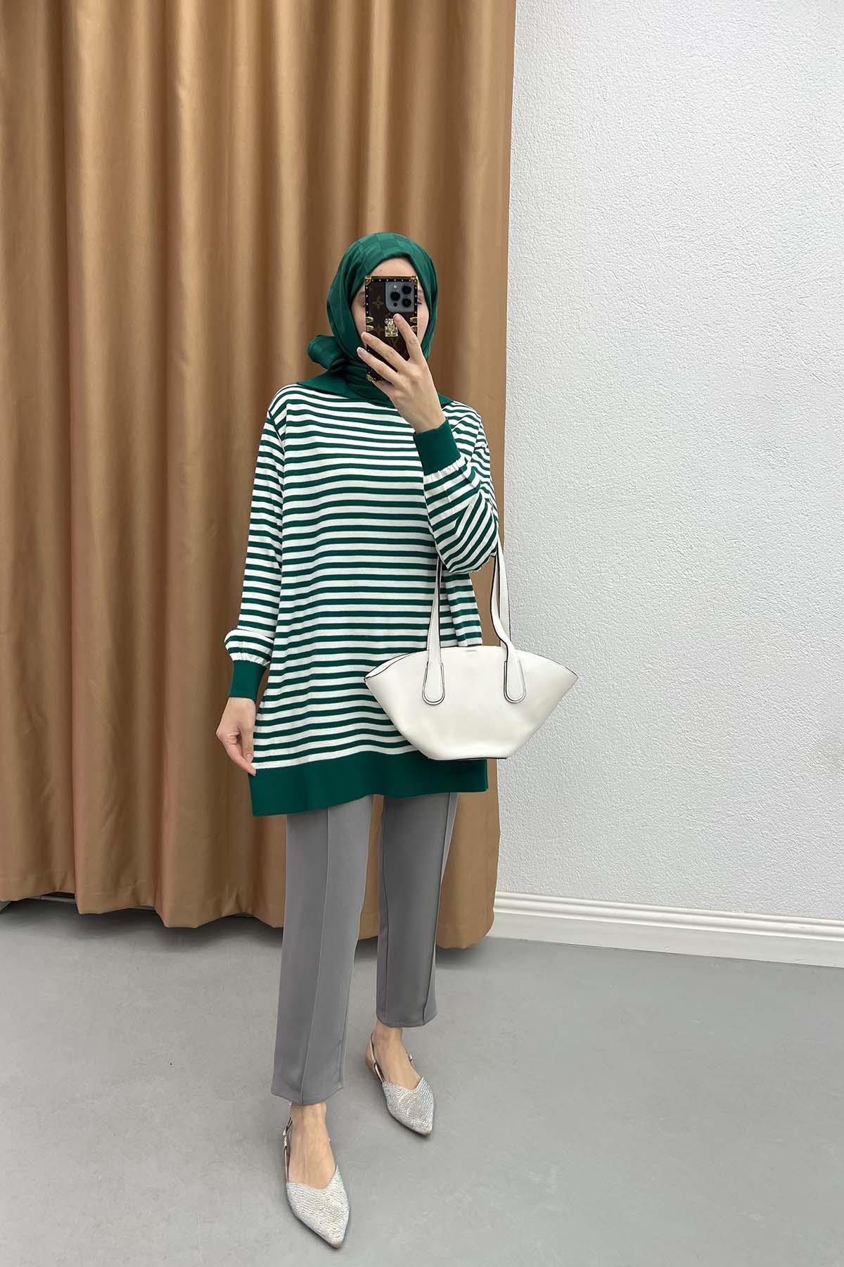 Polo Collar Striped Tunic Emerald Green