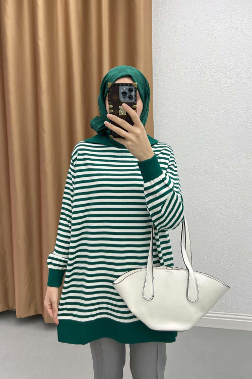 Polo Collar Striped Tunic Emerald Green