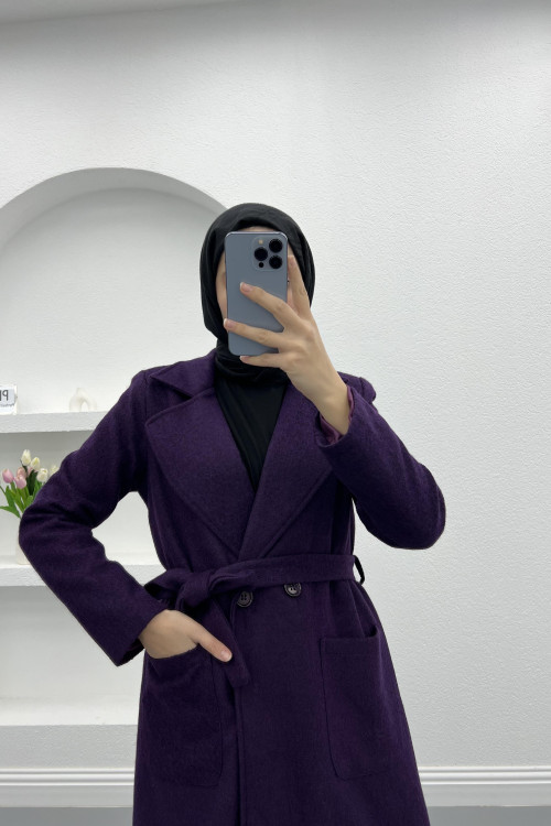 Premium Belted Cashmere Coat Plum