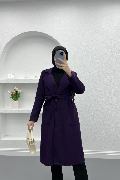 Premium Belted Cashmere Coat Plum