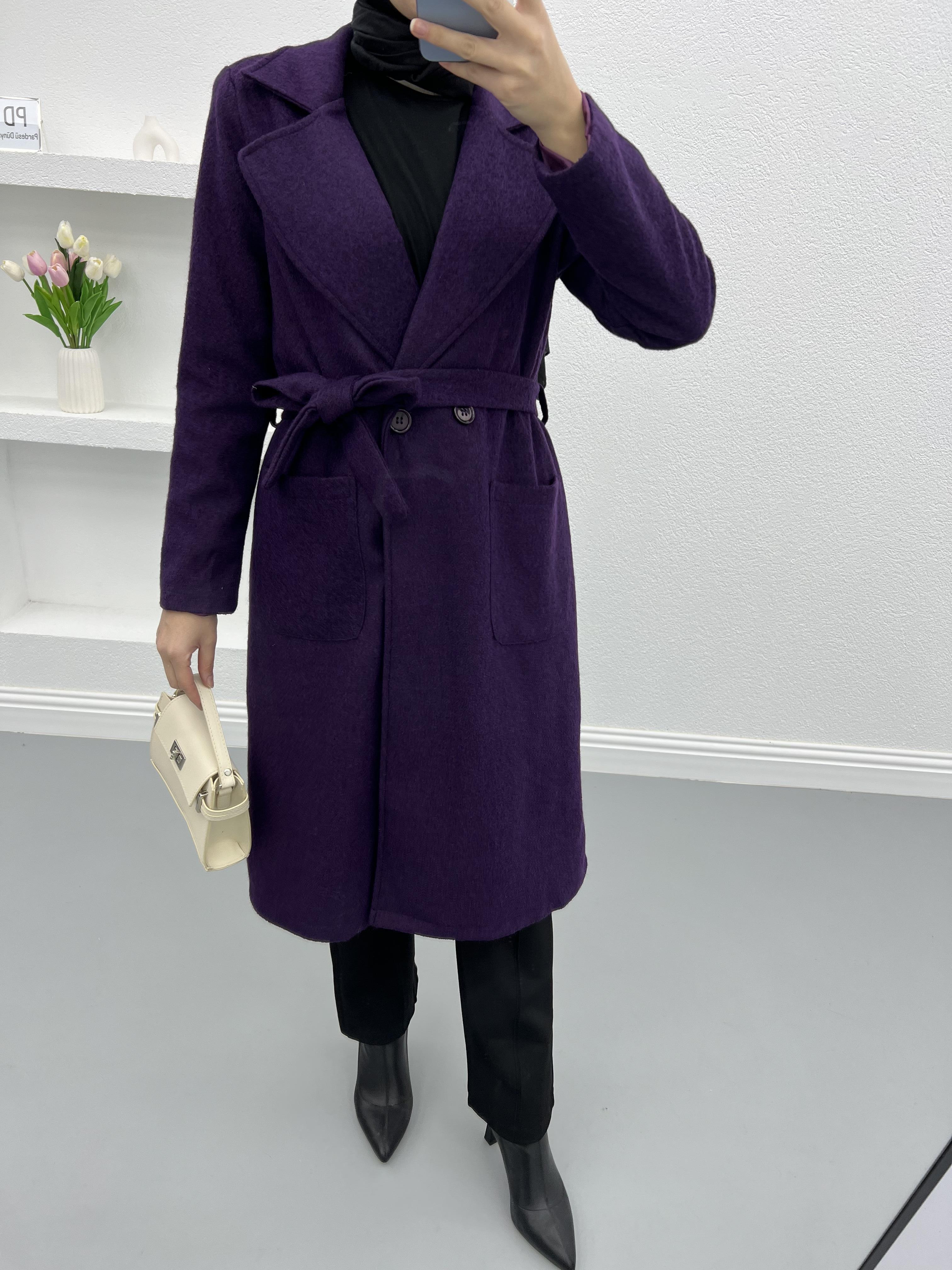 Premium Belted Cashmere Coat Plum