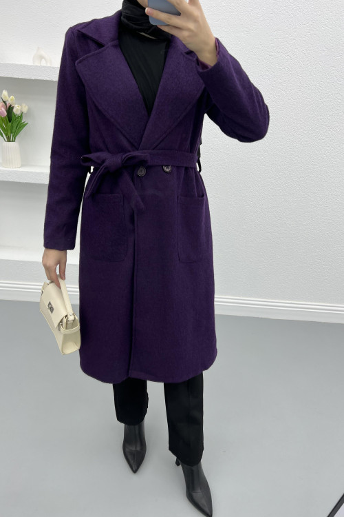 Premium Belted Cashmere Coat Plum