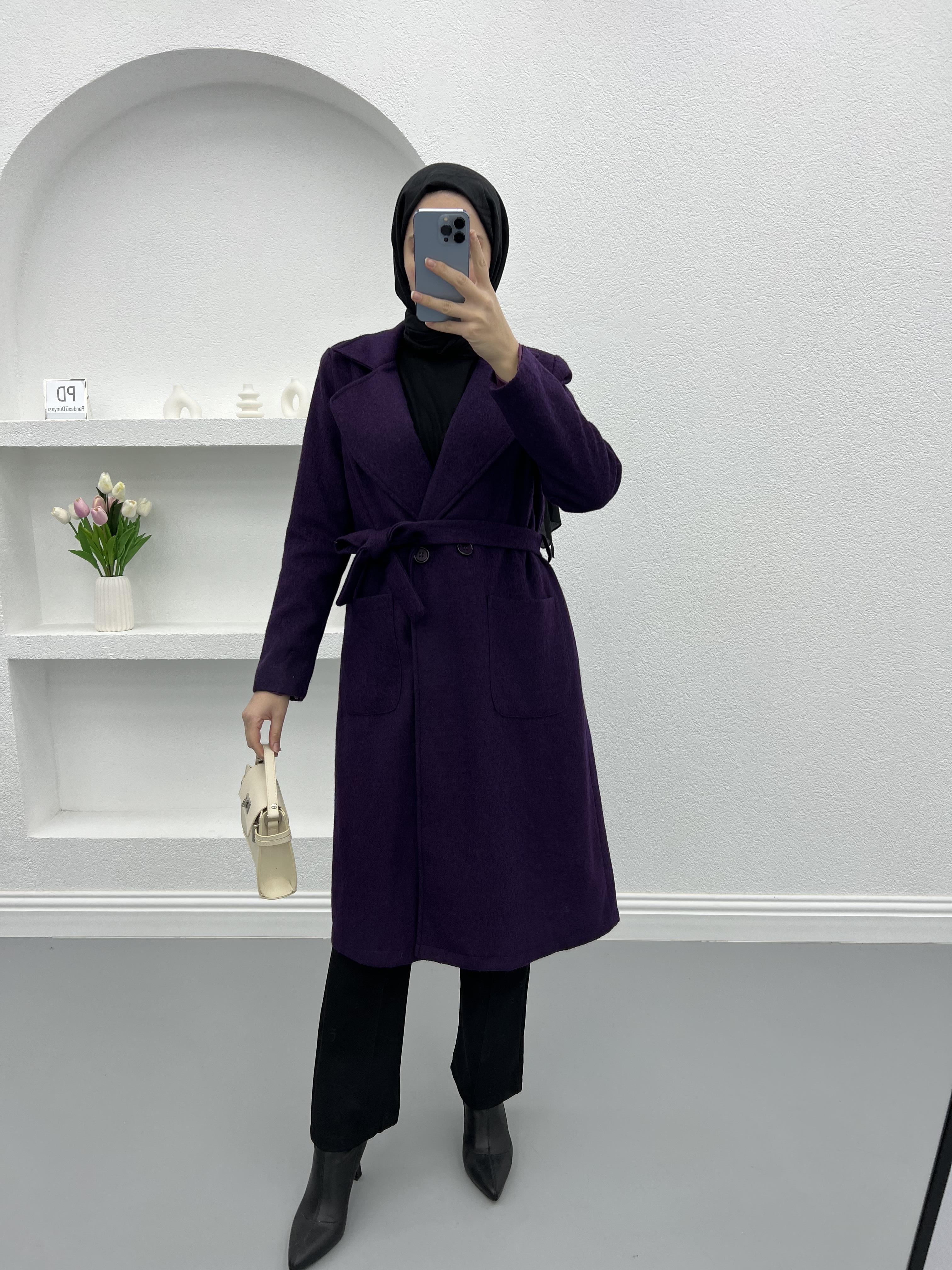 Premium Belted Cashmere Coat Plum