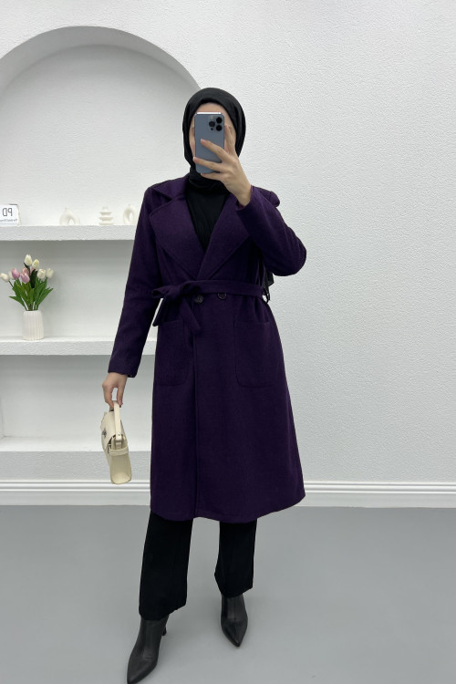 Premium Belted Cashmere Coat Plum