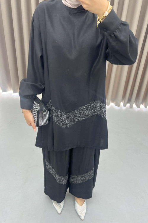 Sequin Detailed Tunic Set Black