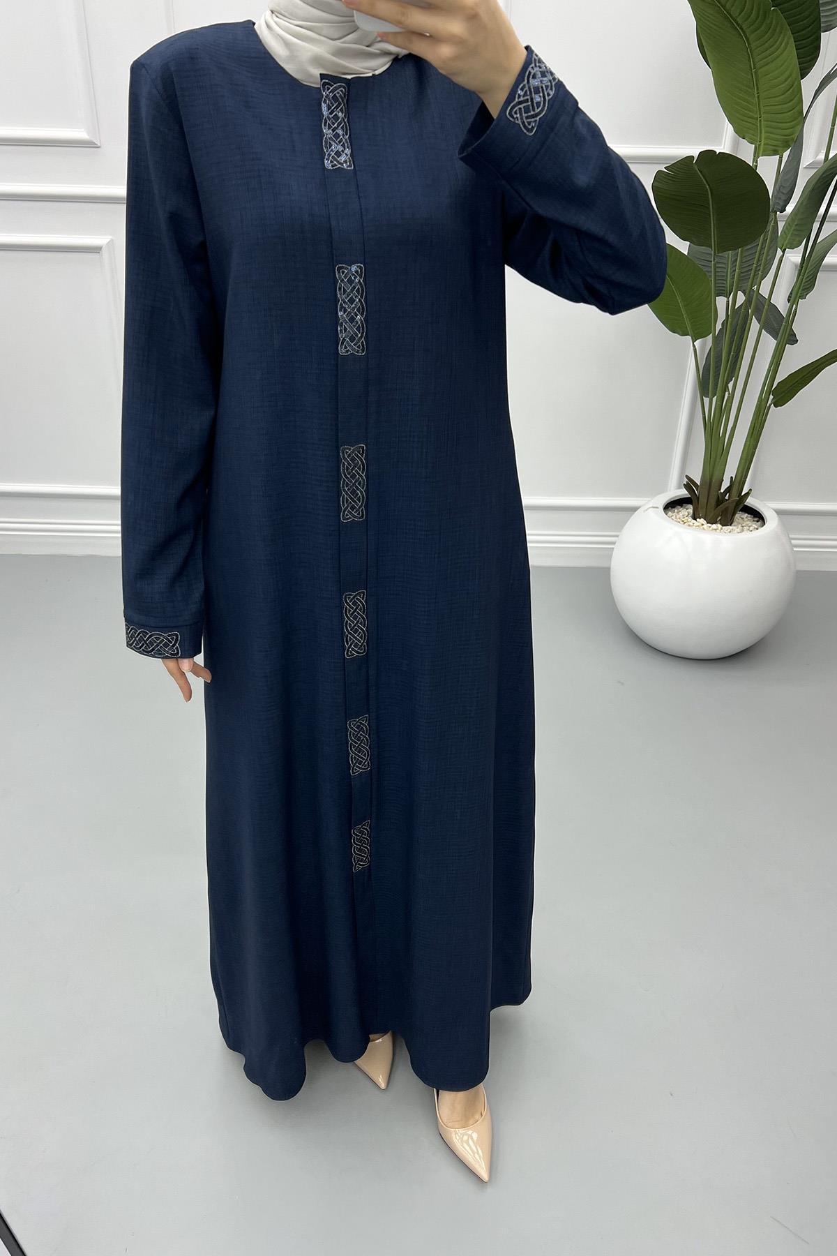 Embroidered Sequin Abaya Navy Blue