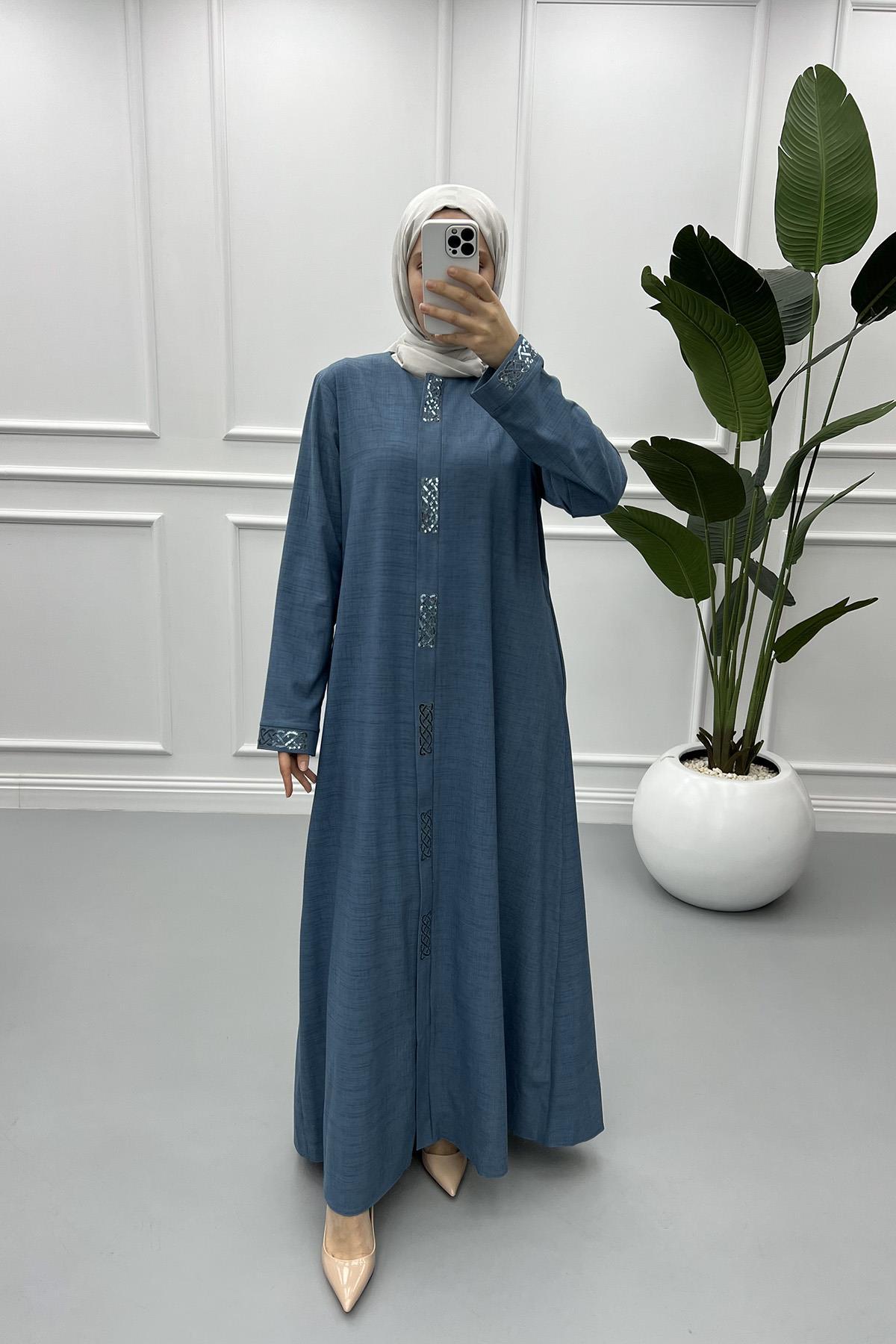 Sequin Embroidered Abaya Blue