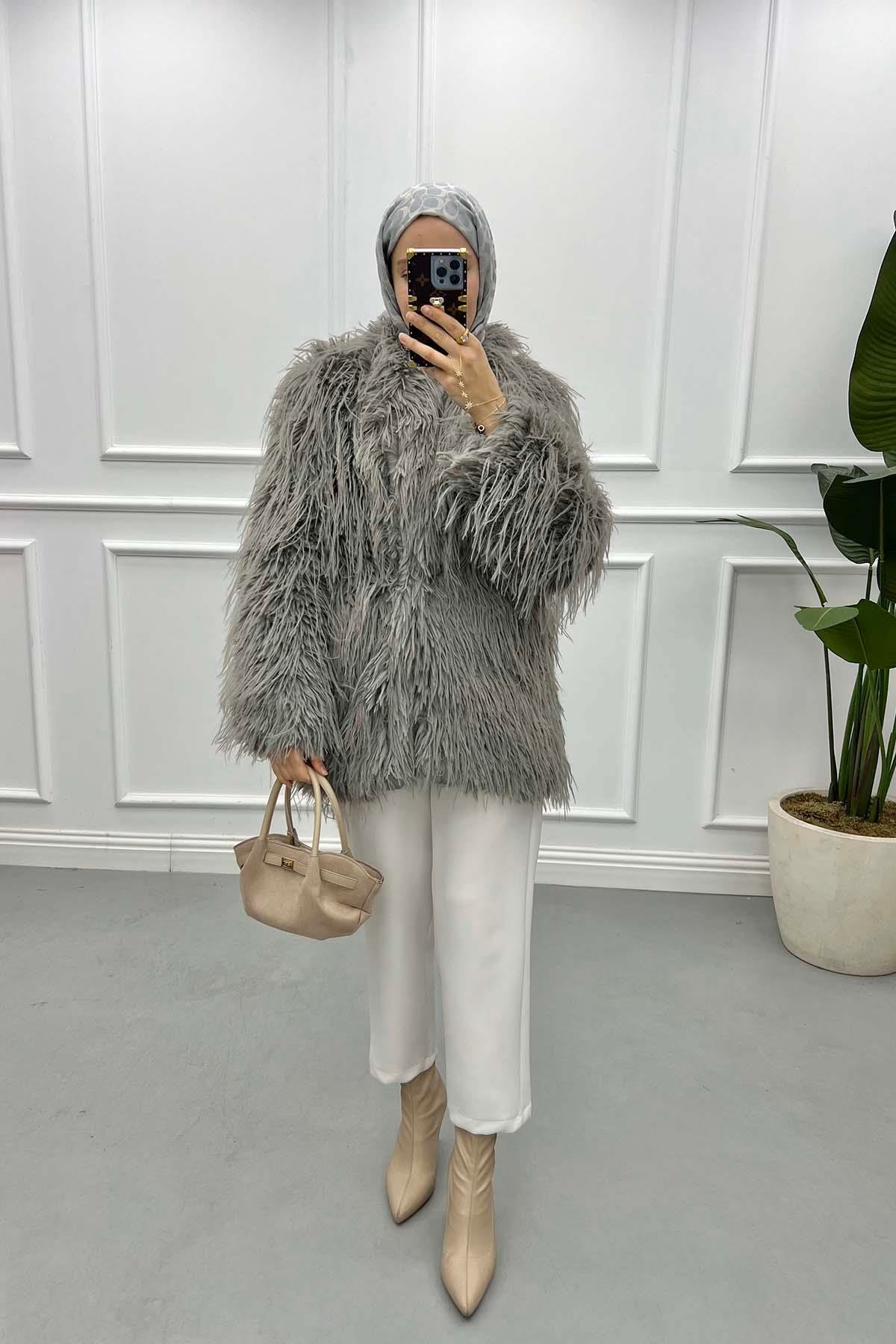 Fringed Fur Coat Grey