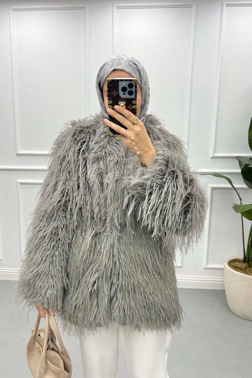 Fringed Fur Coat Grey