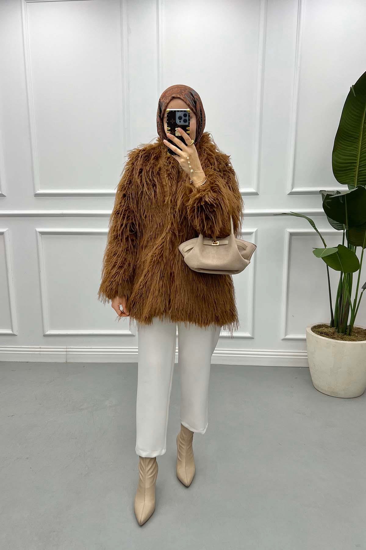 Fringed Fur Coat Brown