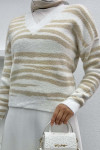 Bearded V Neck Striped Sweater Beige