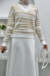 Bearded V Neck Striped Sweater Beige