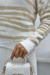 Bearded V Neck Striped Sweater Beige