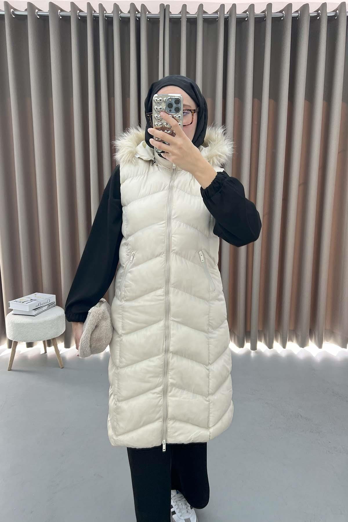 Cream Puffer Vest with Feathered Hat