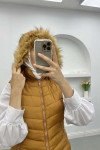 Puffer Vest with Feathered Hat, Tan