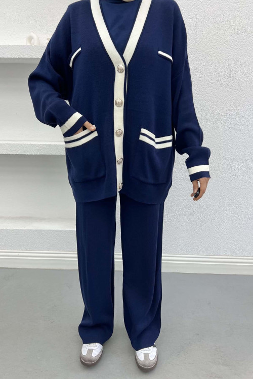 Stripe Detailed Knitwear Suit Navy Blue