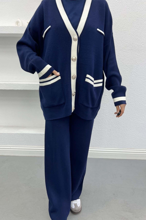 Stripe Detailed Knitwear Suit Navy Blue