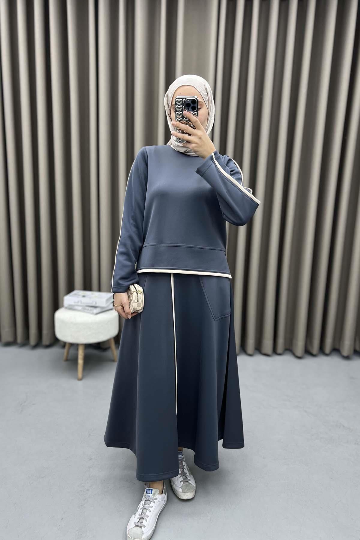 Striped Scuba Skirt Set Anthracite