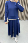 Striped Scuba Skirt Suit Navy Blue