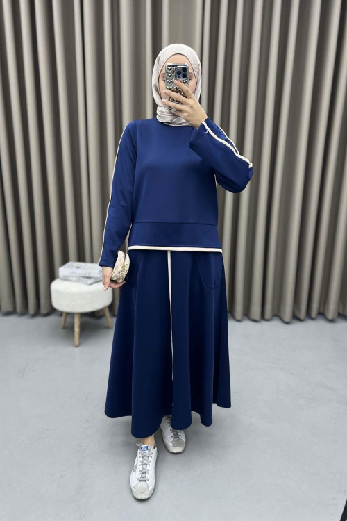 Striped Scuba Skirt Suit Navy Blue