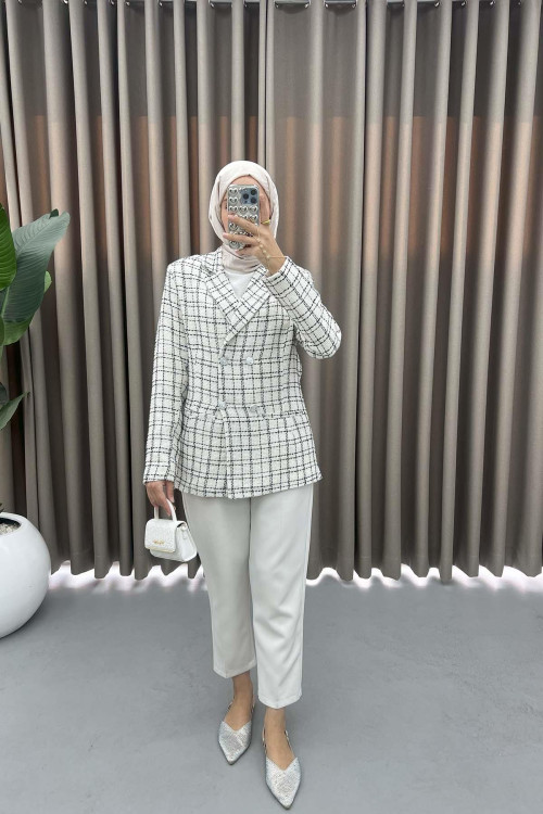 Glitter Plaid Jacket Cream