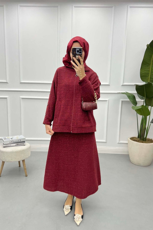 Glittery Tweed Skirt Suit Claret Red