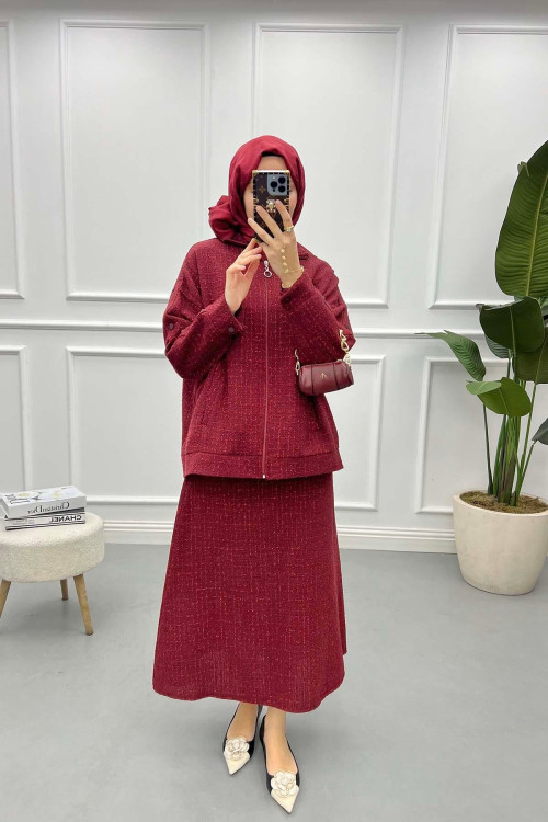 Glittery Tweed Skirt Suit Claret Red