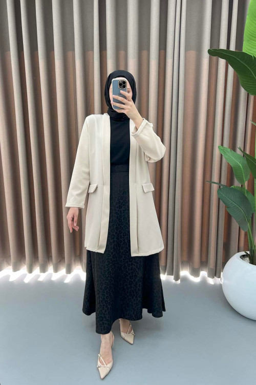 Long Jacket with Decorative Pockets Beige