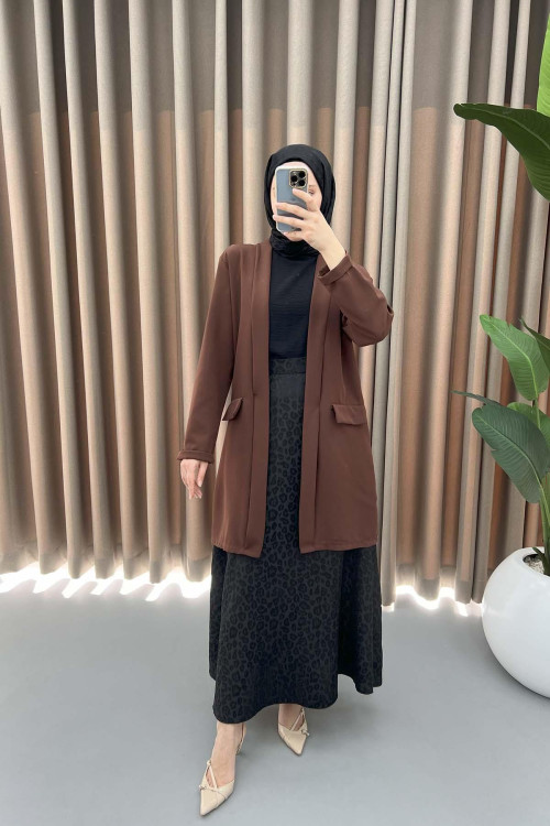 Long Jacket with Decorative Pockets Brown