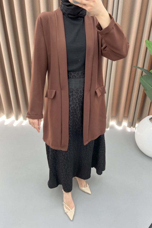 Long Jacket with Decorative Pockets Brown